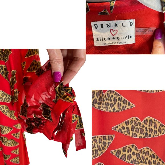 ALICE + OLIVIA RED BLOUSE WITH CHEETAH BURNOUT LIPS 3/4 SLEEVE TOP WITH TIES, M - Picture 9 of 11